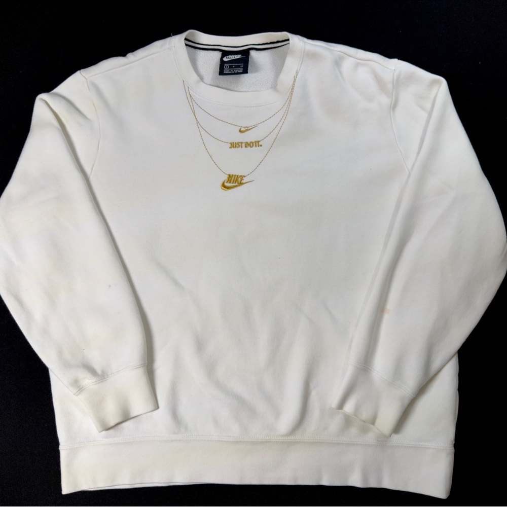 Nike Glam Dunk Embroidered Gold Chain White Sweatshirt Womens Size S